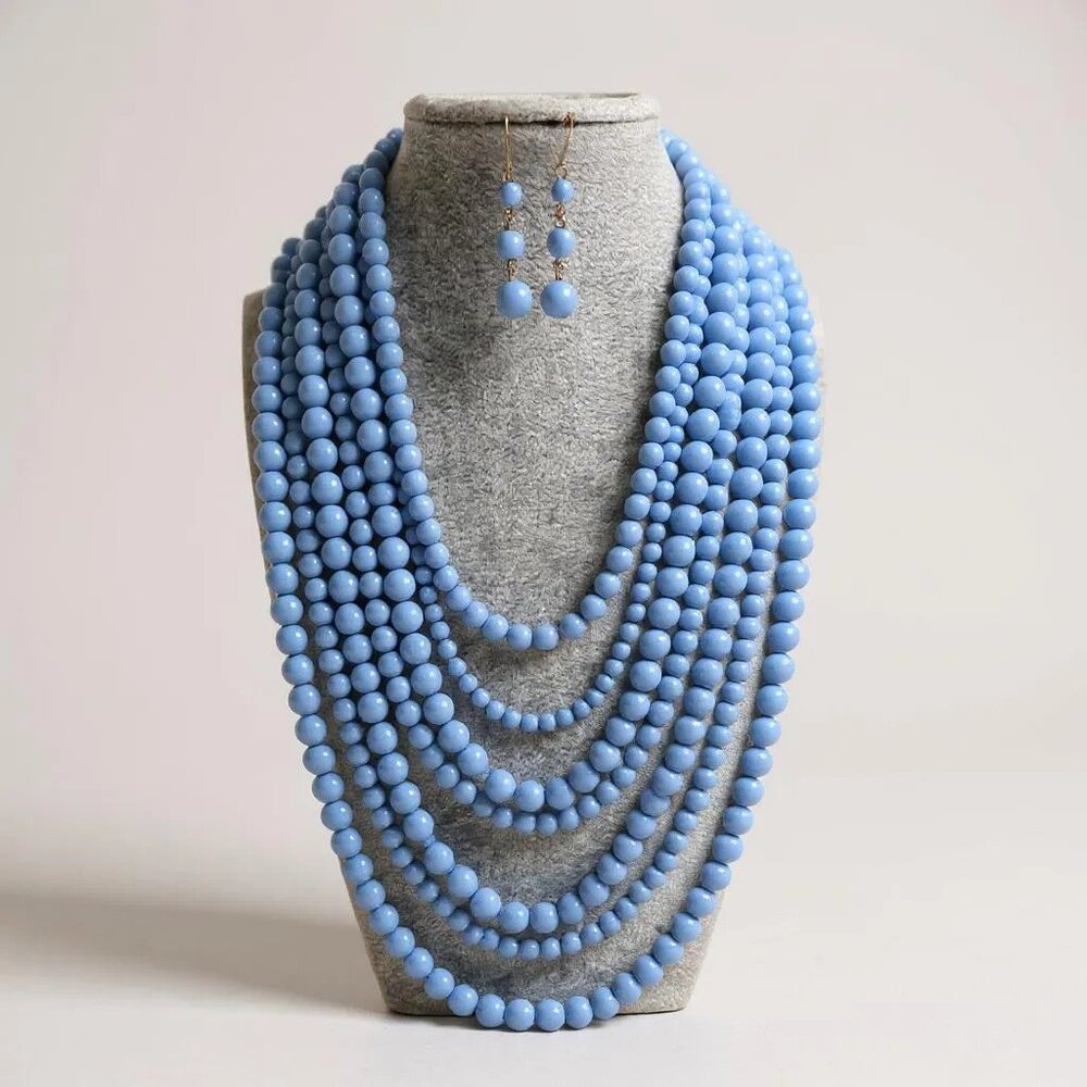 Seven Layers Blue Lucite Bead Chunky Necklace Earring Set